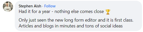 Stephen Aish says nothing else comes close and praises WordHero's long-form editor for creating articles, blogs, and social ideas in minutes.