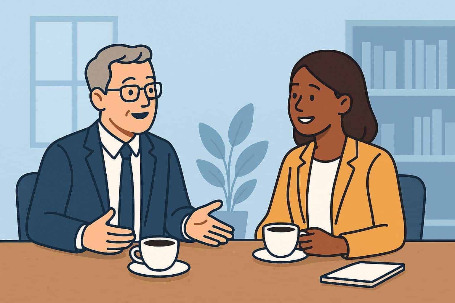 Mentor guiding mentee during a business session