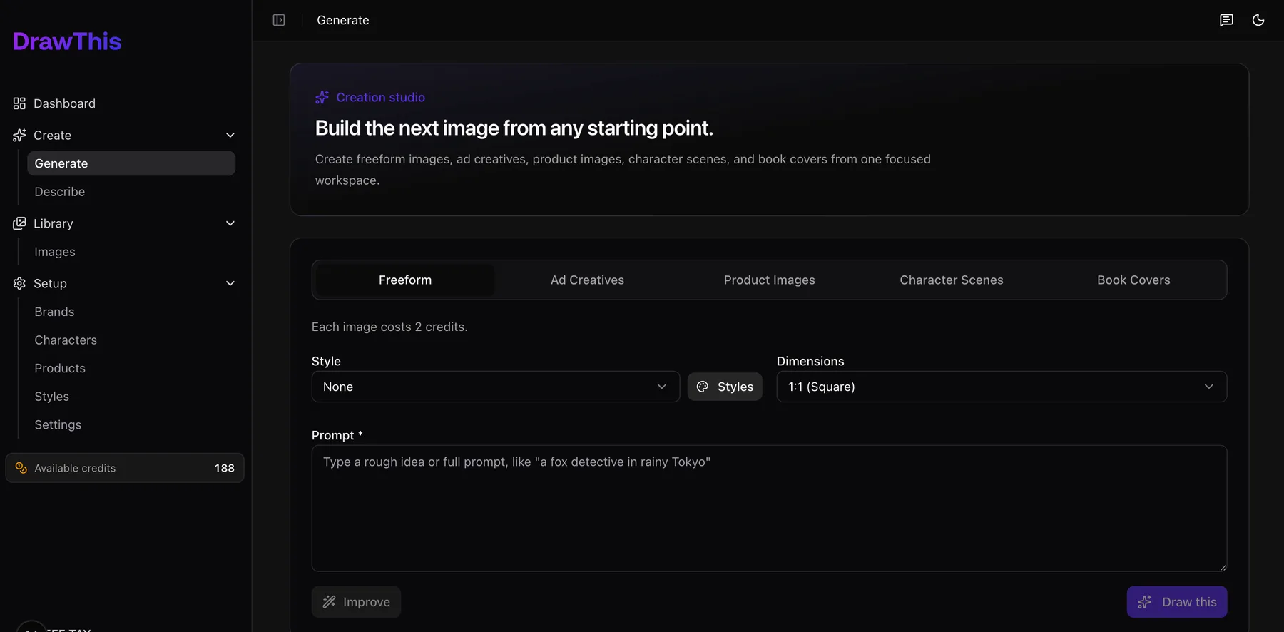 DrawThis dark-mode Generate workspace with Freeform, Ad Creatives, Product Images, Character Scenes, and Book Covers