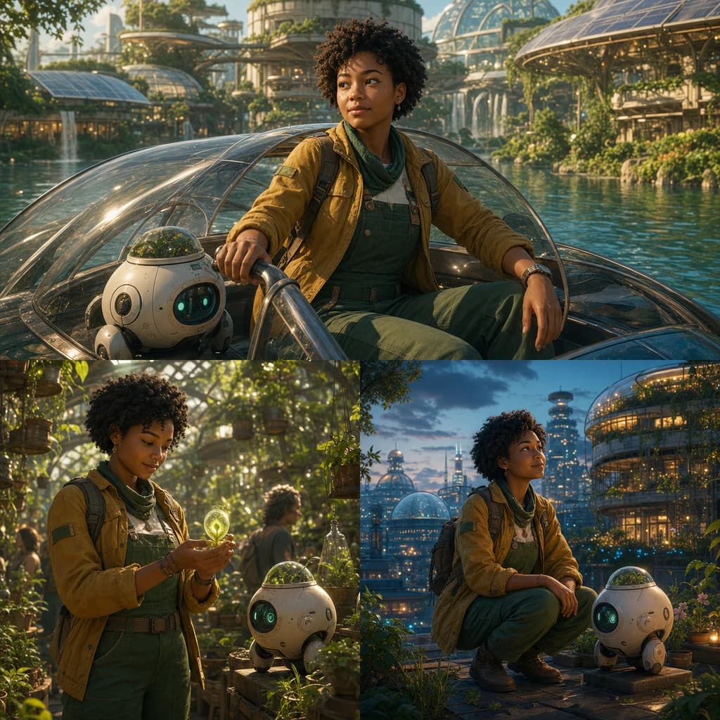 Consistent botanist character shown across three solarpunk scenes