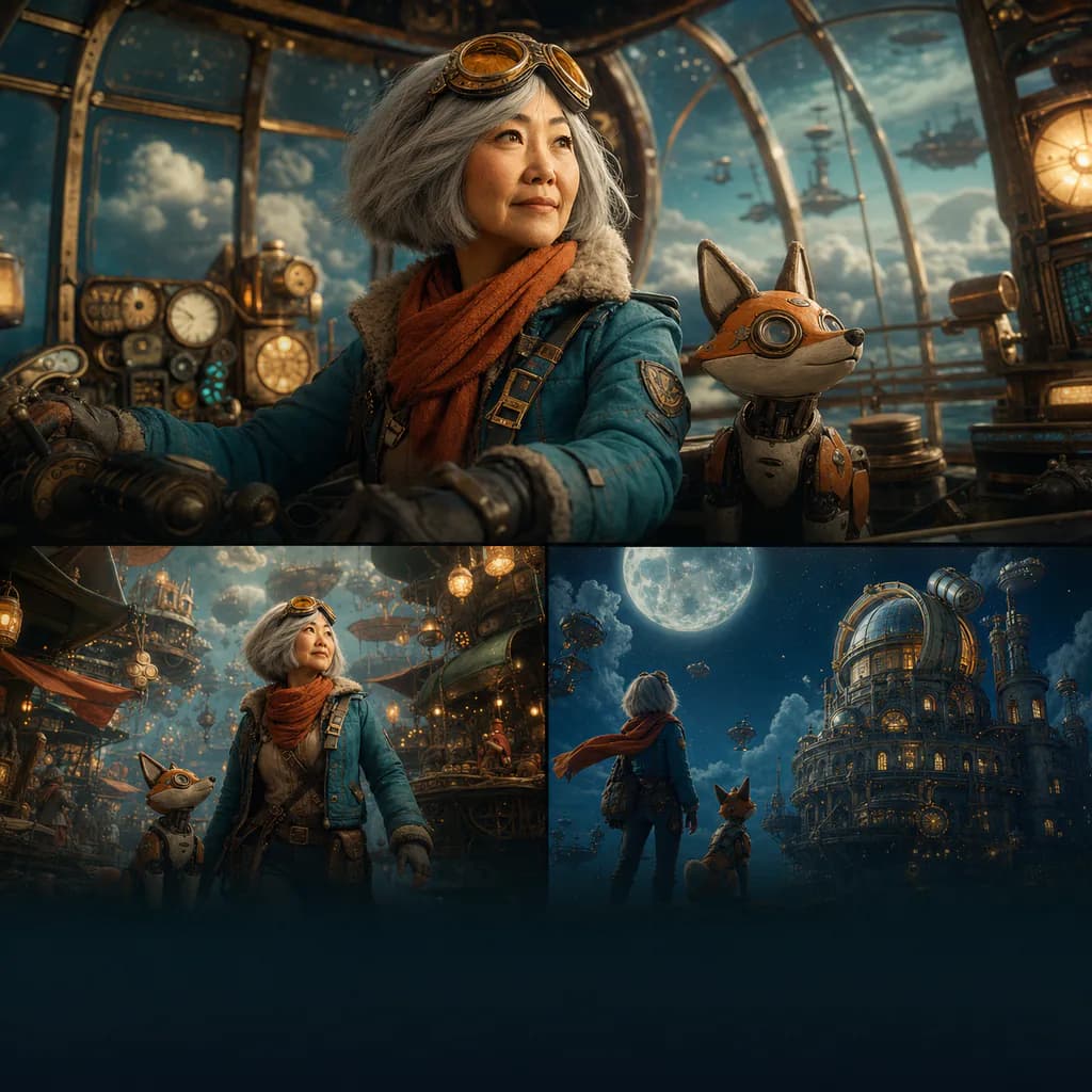 Consistent adventurer character shown across three DrawThis scenes